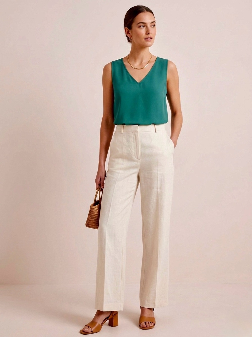 Womens Emerald V-Neck Sleeveless Top and Cream Wide-Leg Pants Set